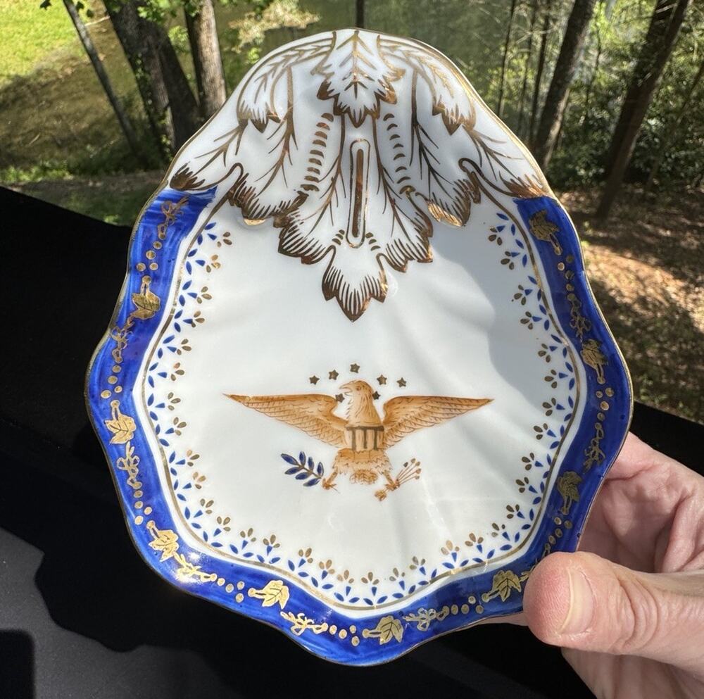 Andrea by Sadek Bowl American Eagle Gold White Blue Trim Ceramic Scalloped -A50